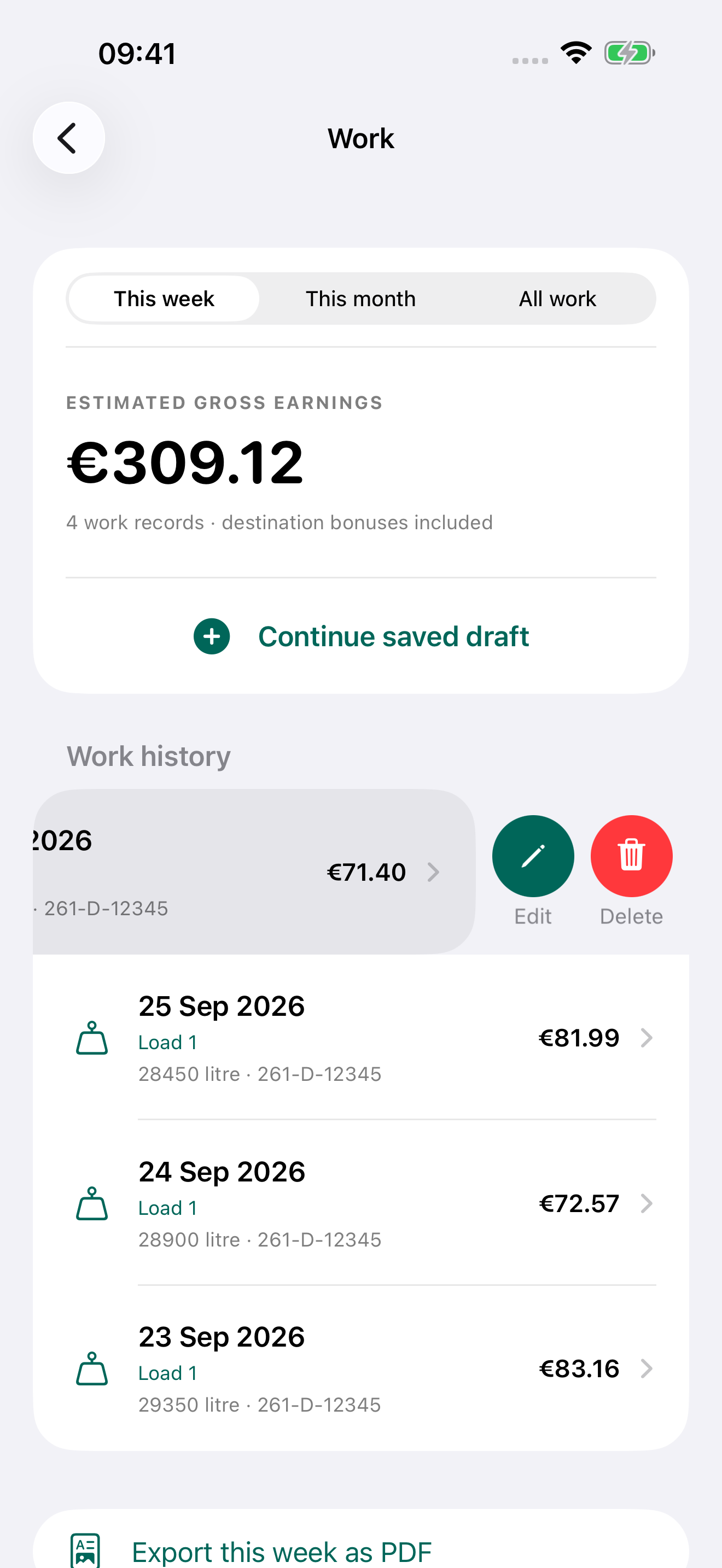 Work history with numbered loads and swipe actions